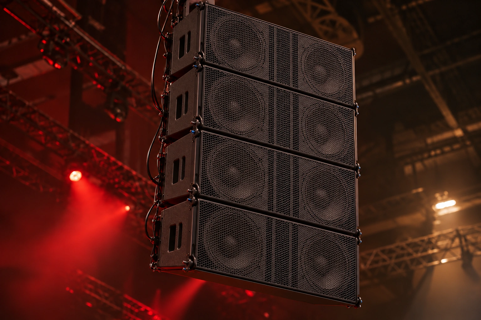 Bearbeitete Visualisierung eines Alcons Audio LR24 Arrays im Veranstaltungslicht